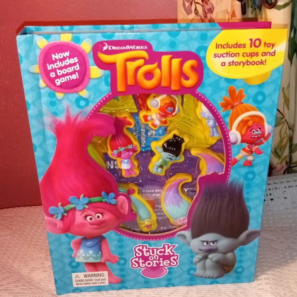 KIDS TROLLS STUCK ON STORIES INCLUDES 10 TOYS STORYBOOK AND A BOARD GAME